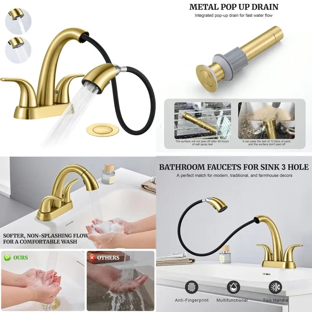 

Выдвижной смеситель из матового золота с 4 центров и распылителем для туалетных раковин с 3 отверстиями, современный набор с двумя ручками для ванных комнат на колесах