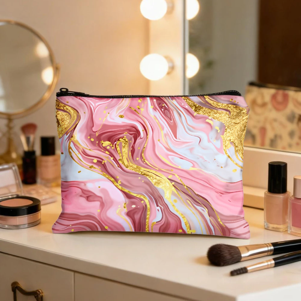 Pink White Gold Marble Pattern Makeup Bags for Girls Cosmetic Pouch Toiletry Bag Pencil Case Travel Storage
