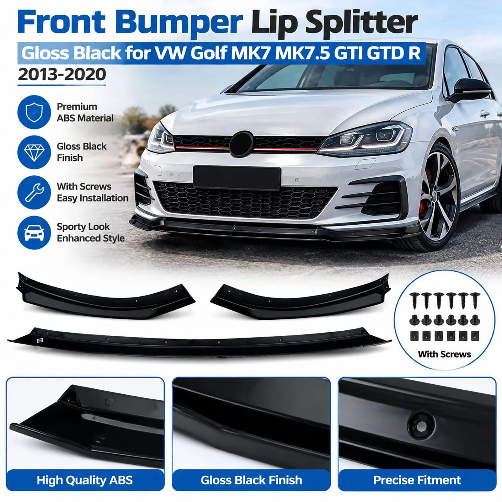 Splitter per paraurti anteriore, finitura nera lucida, per VW Golf MK7 MK7.5 GTI GTD R 2013-2020, in ABS, con viti.