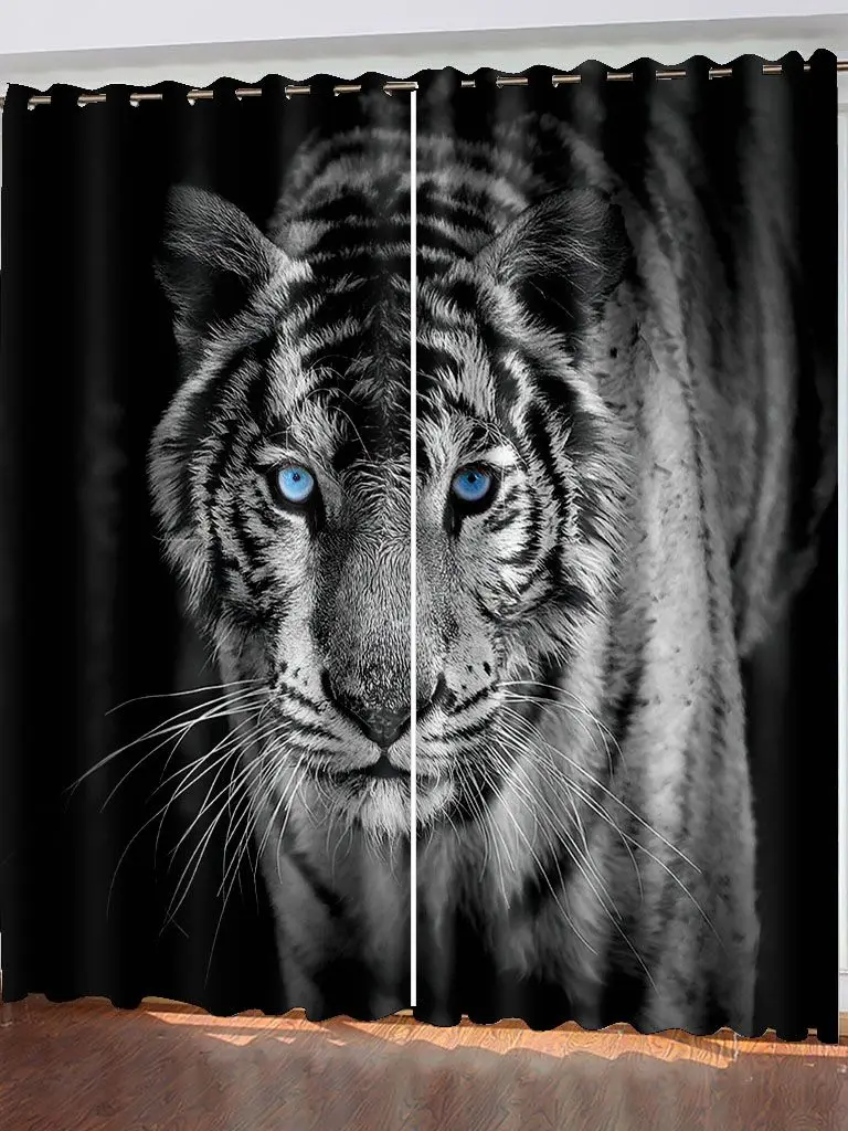 3D Printed Black Animal Wolf Tiger Leopard Shading Blackout Window Curtain for the Living Children\'s Room Bedroom Hook Decor