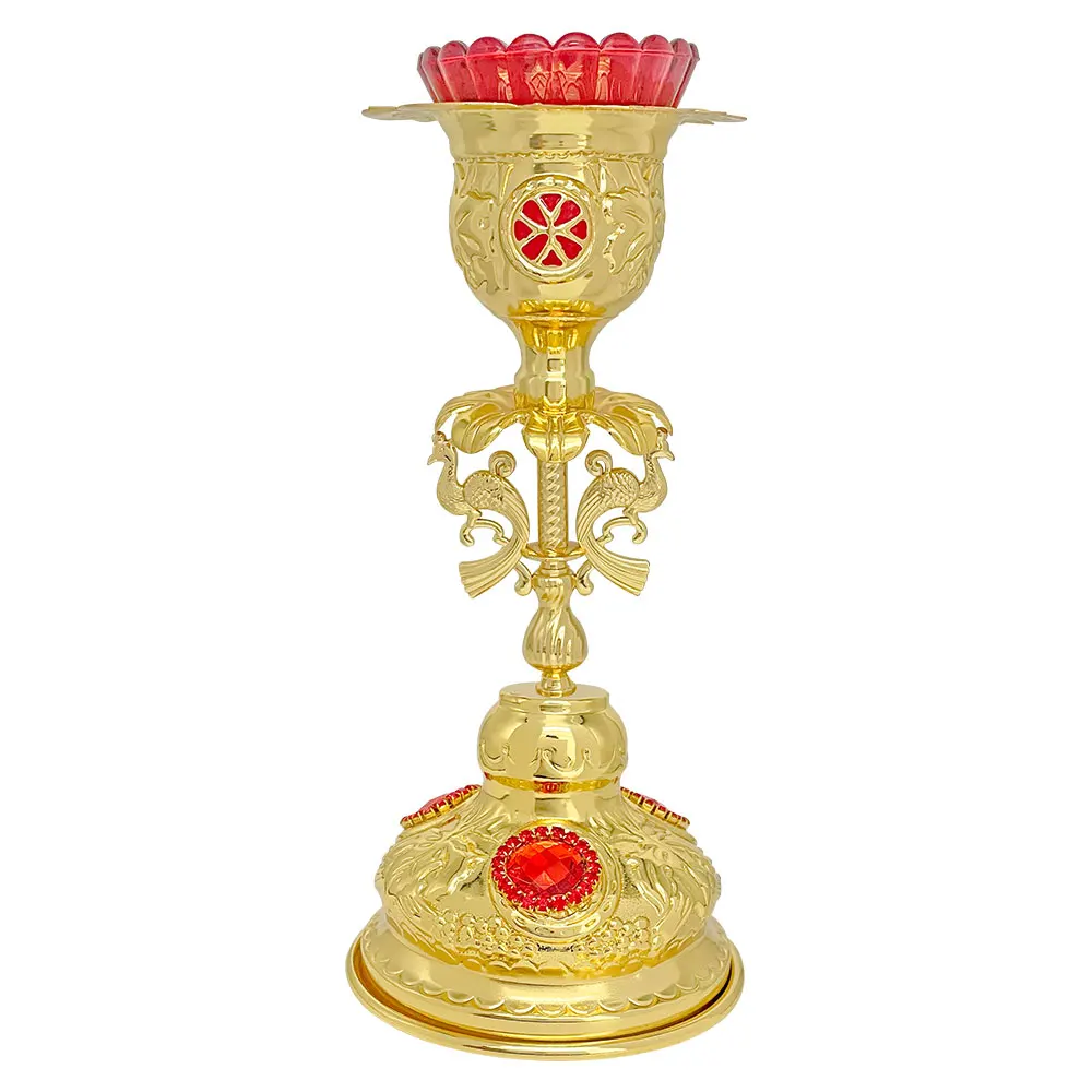 lampe-d'autel-orthodoxe-doree-ornee-de-strass-rouges-incrustes-sculpture-double-paon-recipient-en-verre-festonne-rouge-liturgique-religieux