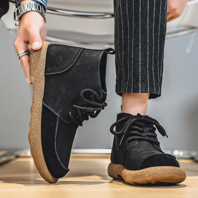 الرجعية الأسود الرجال حذاء من الجلد مريحة أحذية كاجوال رجل الأحذية الجلدية الدانتيل متابعة عالية أعلى أحذية العمل للرجال بوتاس masculino #2