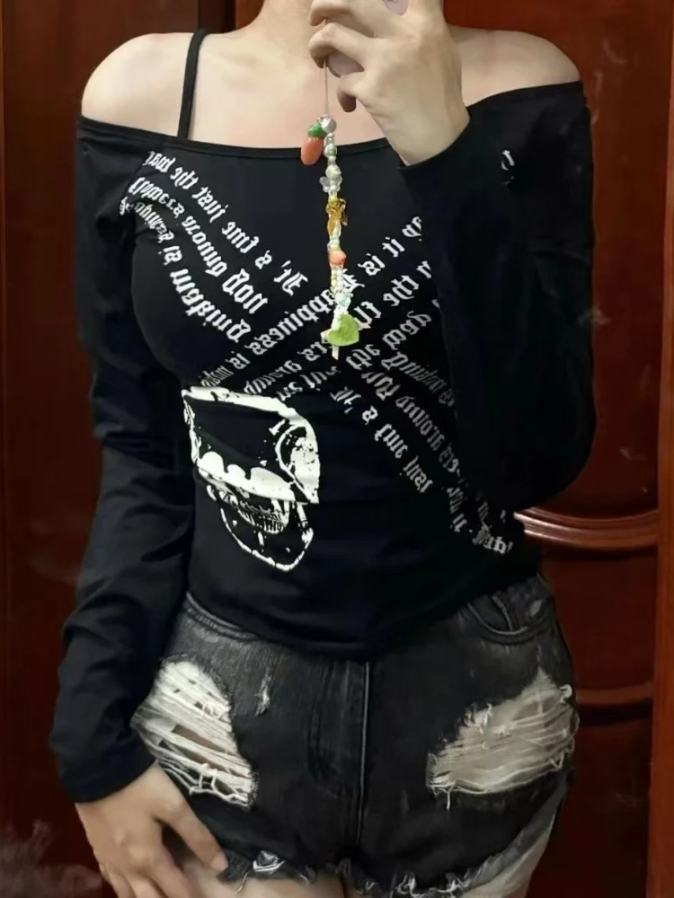 

Autumn Abby Spicy Chic Dark Gothic Punk Skull Print Long-sleeved Tie Neck Design Slimming Tops Korean Fashion Y2k Women Pullover