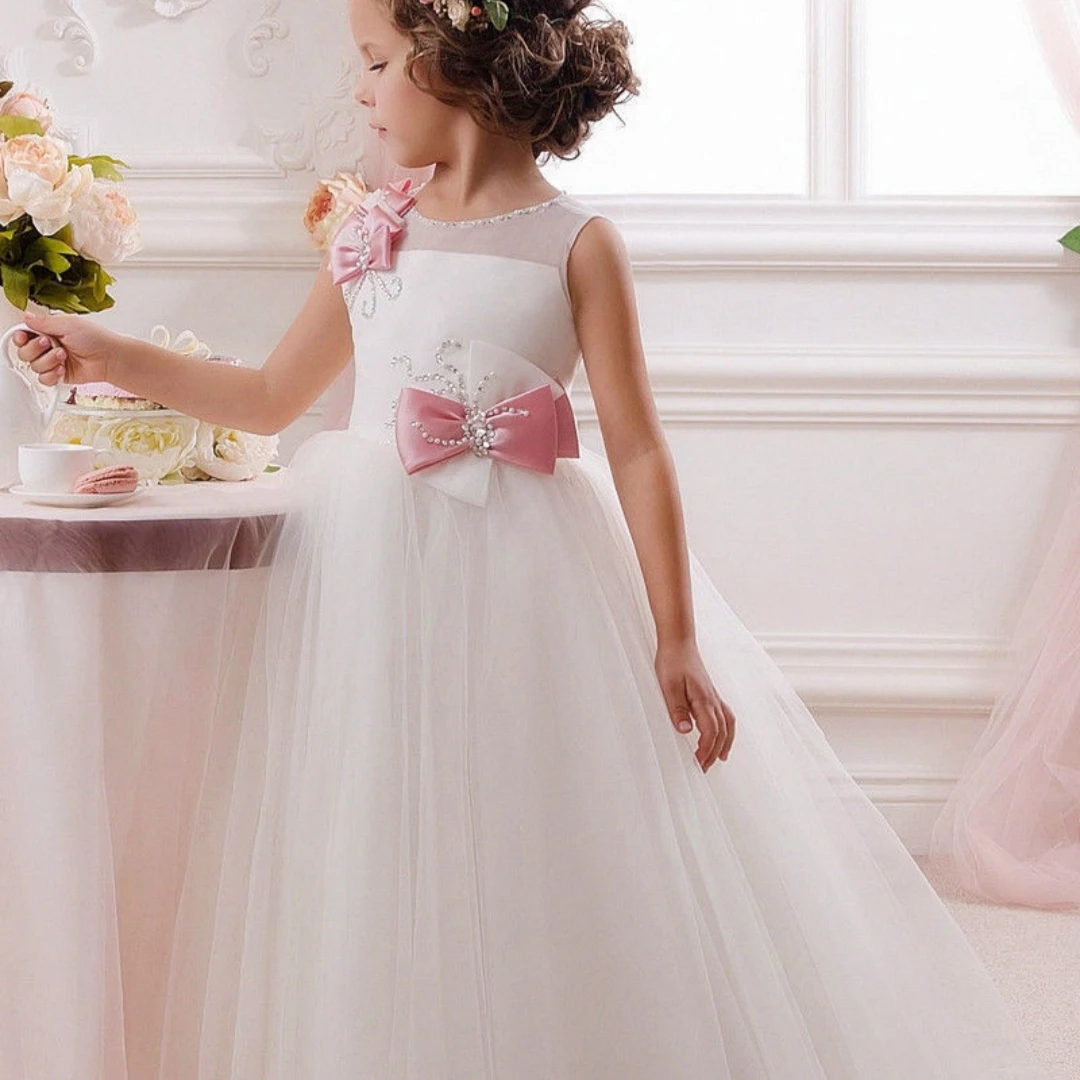 Formale semplice cristalli cielo Bluesleeveless Flower Girl abiti per matrimonio Tulle bambini Princess Party prima comunione dei bambini