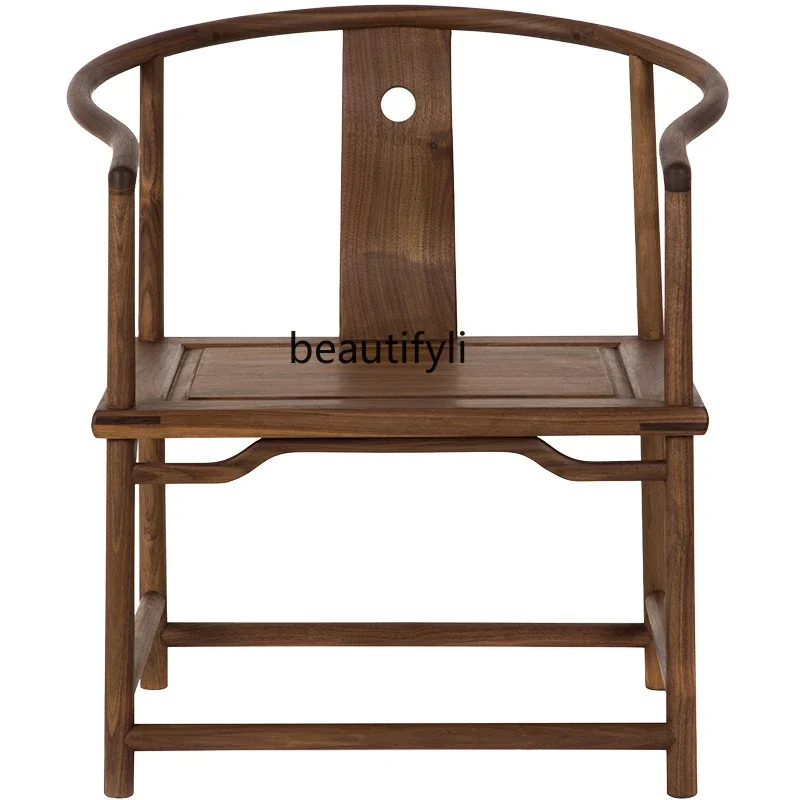 Zen New Chinese Style round-Backed Armchair Leisure Chair Paint-Free Old Elm Wood Retro Chair Black Walnut Antique Reproduction