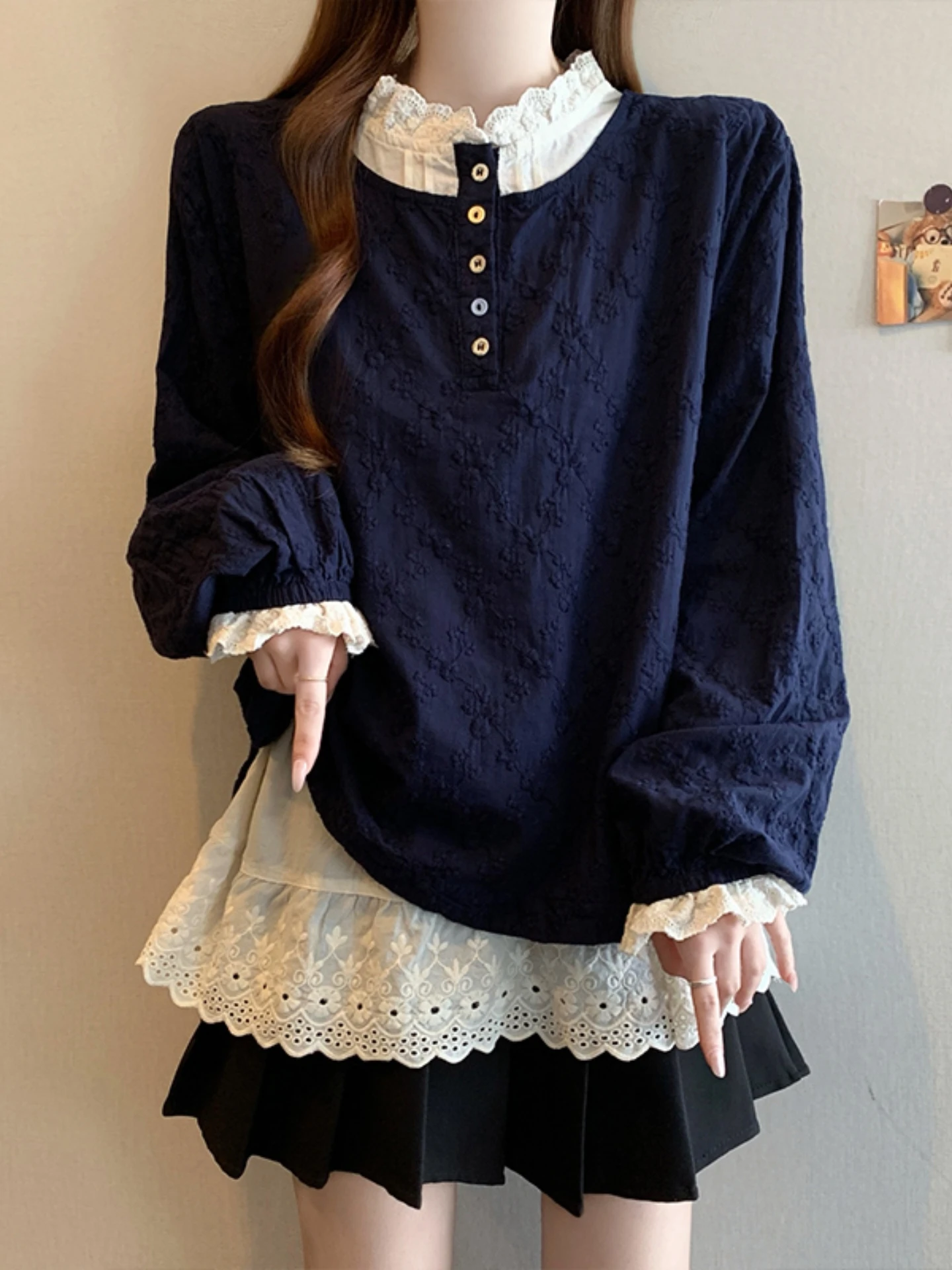 

Lace Splice Stand Collar Long Sleeve Base Shirt Women's Spring Autumn New Large Size Fat MM Slimming Fake Two-Piece Top