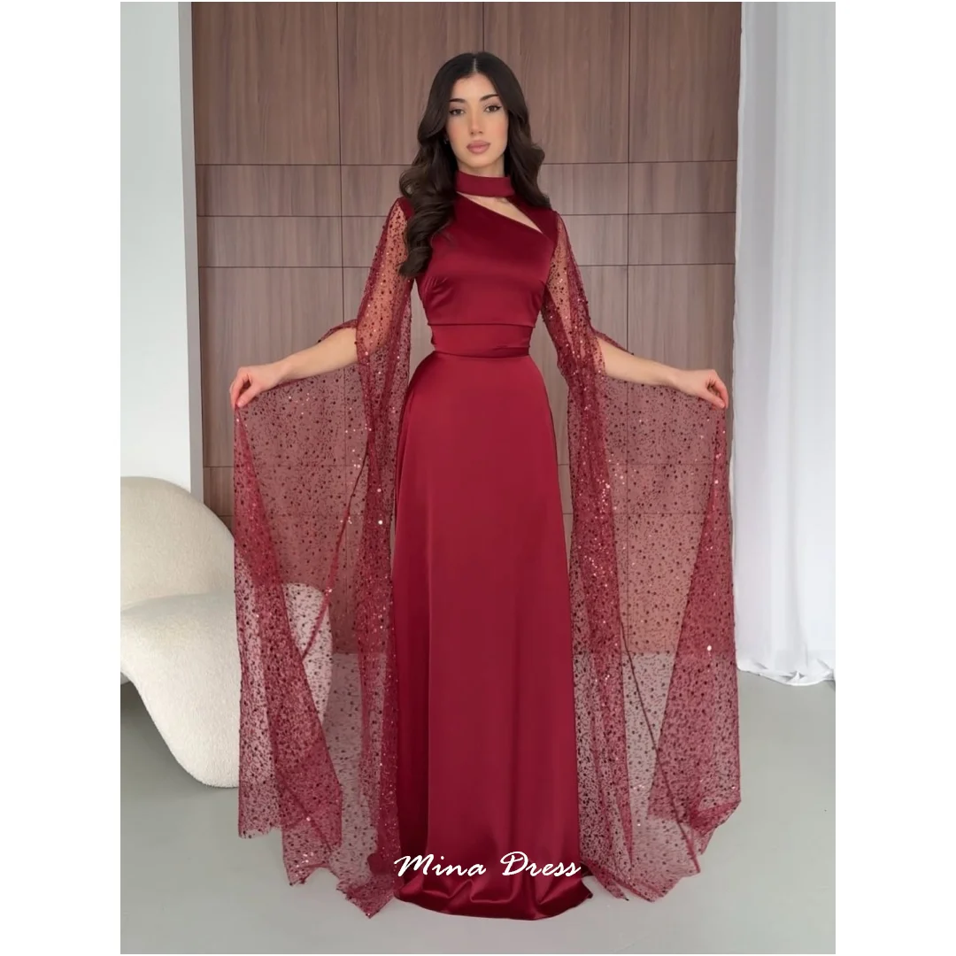 

Mina Customized Beads Arabic Evening Dress Luxury Prom Dress Sequins. Long Sleeves Women's Elegant Dresses for Special Occasions