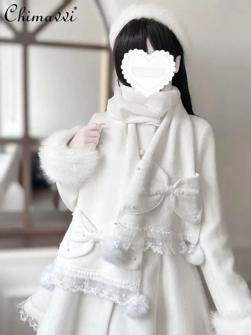 オリジナル和菓子ガールパールリボン毛玉スカーフ冬の新プリンセスレーススプライシングニット量産気質スカーフ