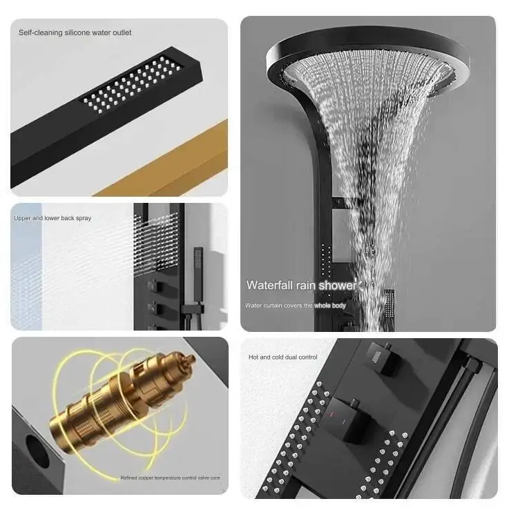 シャワーヘッドセットシステム、滝状レインフォール、多機能壁掛けパネル、黒真鍮、バスルームホテル