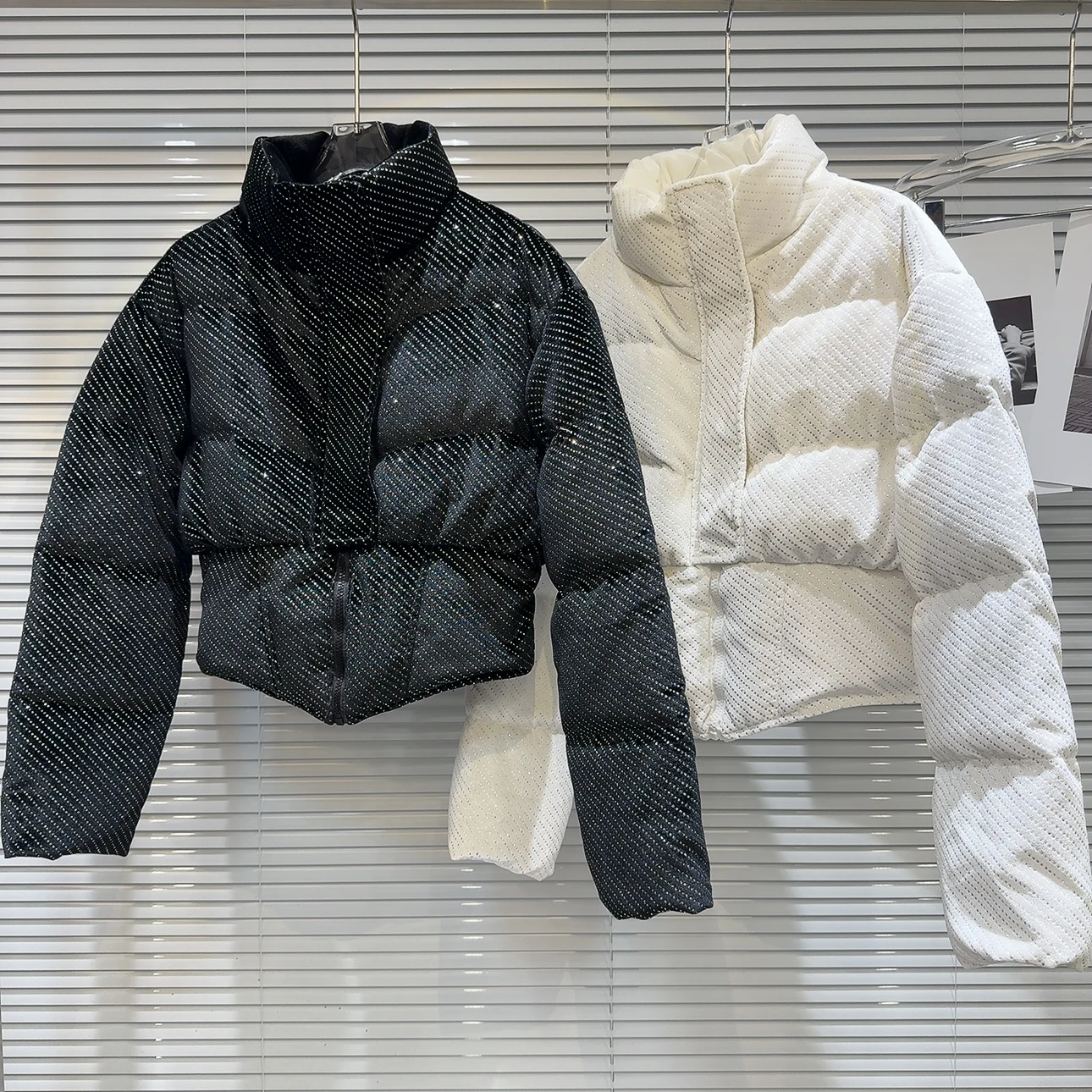 Sequins Fleece Women's Cotton Jacket Winter Stand Up Collar Rhinestone Thicken Coat American Fashion High Street Warm Jackets
