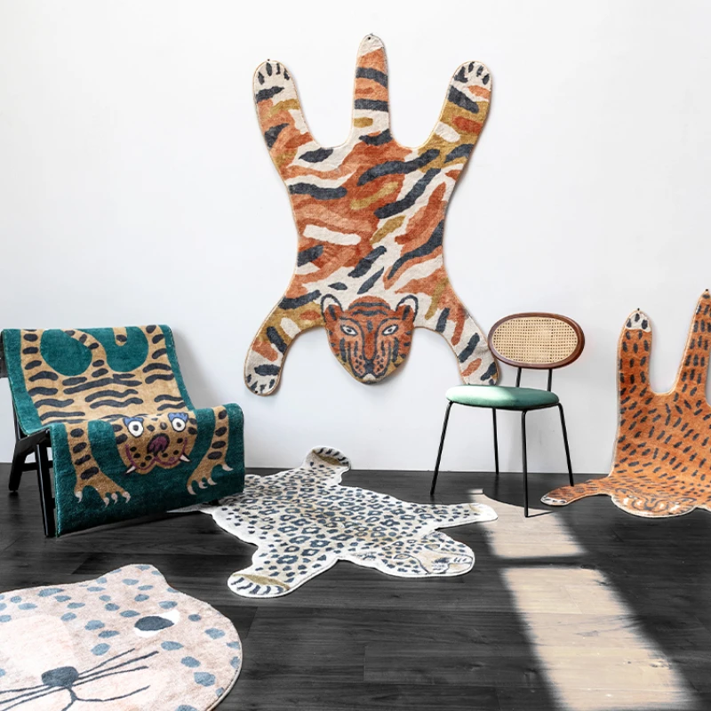 Tiger Carpet Livingroom Leopard Cartoon IG Special-shaped Children's Bedroom Plush Rug Large Area Home Decor Bedside Fluffy Mat