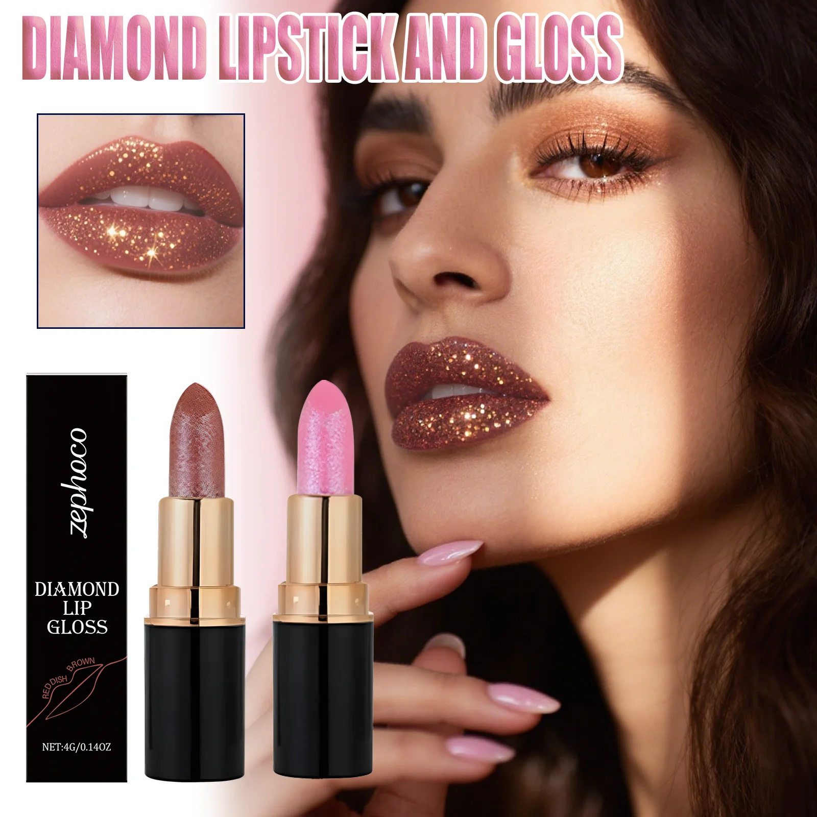 Pink Diamond Lip Gloss Shimmer High Shine Moisturizing Non Sticky Glitter Lipstick Metallic Nude Makeup Long Lasting