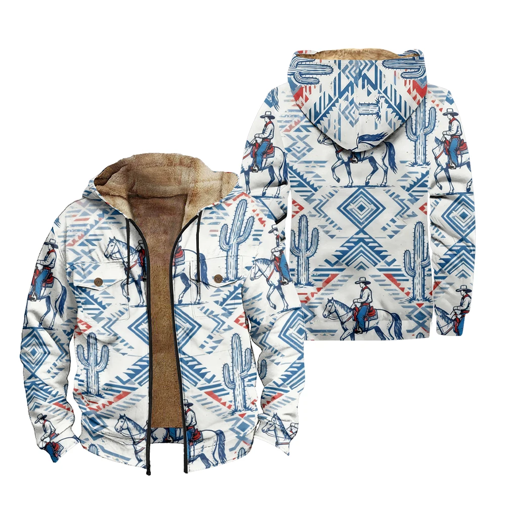 

Men's Vintage Western Hooded Jackets with Cowboy Cactus Print Fleece Lined Coats for Warmth Southwestern Style Casual Outerwear