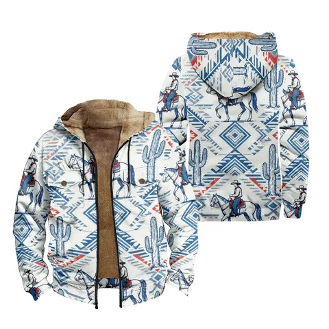 Men's Vintage Western Hooded Jackets  with Cowboy Cactus Print Fleece Lined Coats for Warmth Southwestern Style Casual Outerwear