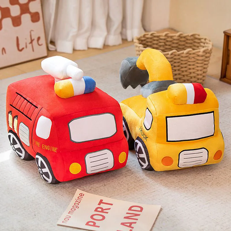 

Cute Cartoon Fire Truck Excavator Plush Toy Soft Stuffed Car Pillow for Birthday Gift Building Construction Toys Creativity