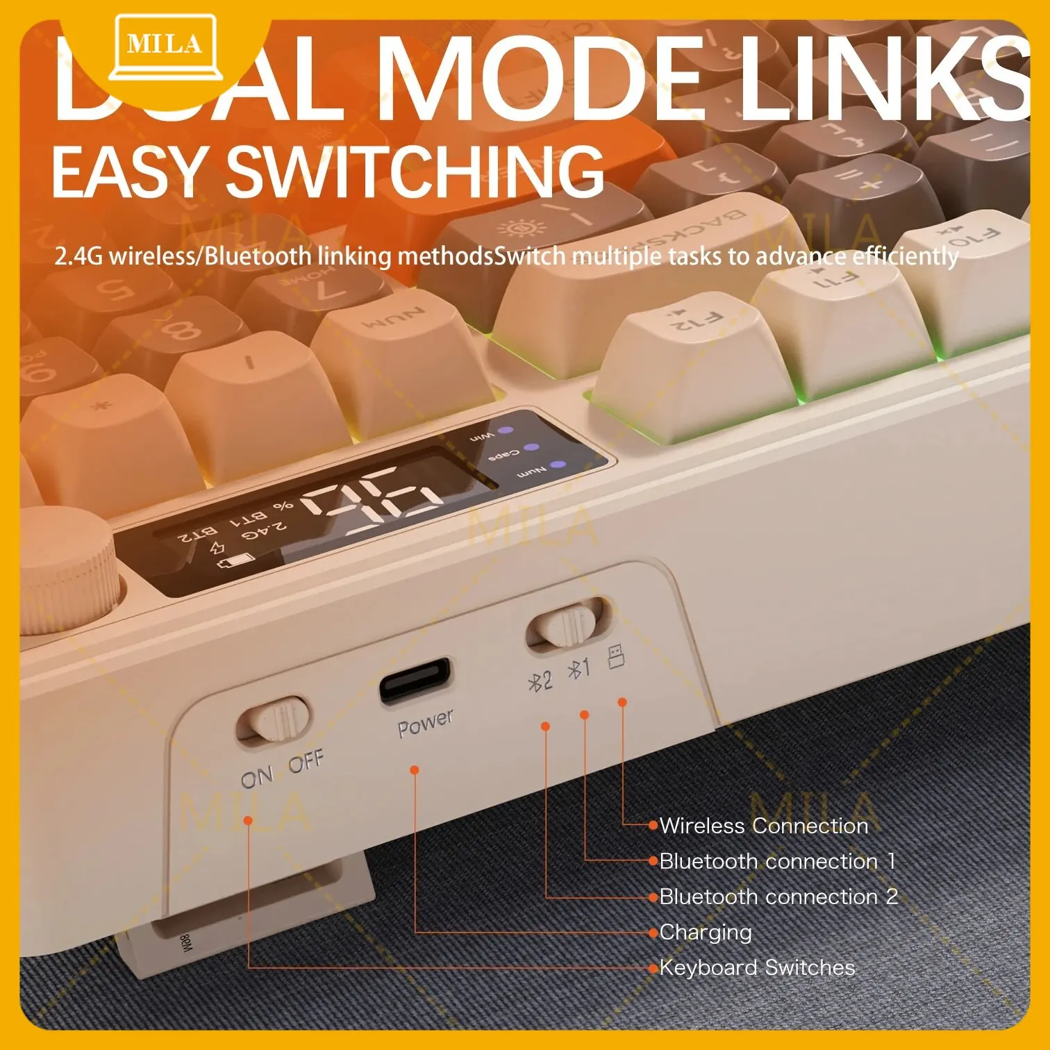 For FreeWolf M96 Wireless Keyboard with Screen,Gaming Keyboard Bluetooth Dual-Mode Connection,Multi-Device Linking,Ergonomic