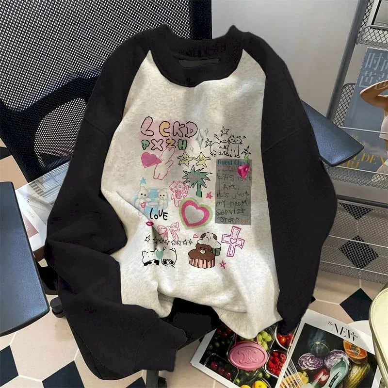 

Pop Printed Pullovers Vintage Oversized O-neck Casual Korean Style Long Sleeve Autumn Winter Aesthetic Clothing Streetwear Women