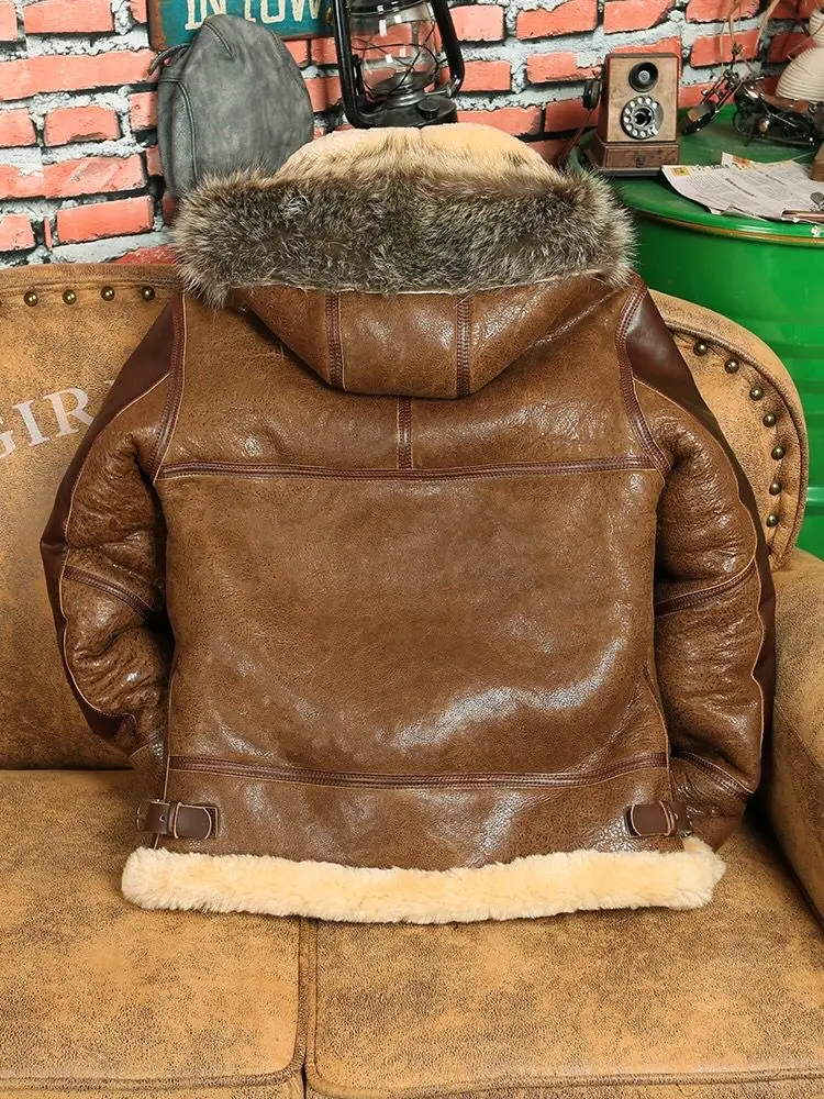 Neuankömmling Herren Winter warmer Mantel Schaffell Lammfell Pilot B3 Jacke dicke Wolle Liner echte Waschbär Pelz Kapuze Patchwork 8xl