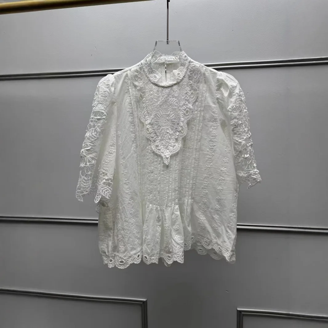 

Sweet Lace Trim Hollow out Bubble Sve irt Floral Collar Cotton 00% Summer New Sle Women's Loose Fit irt