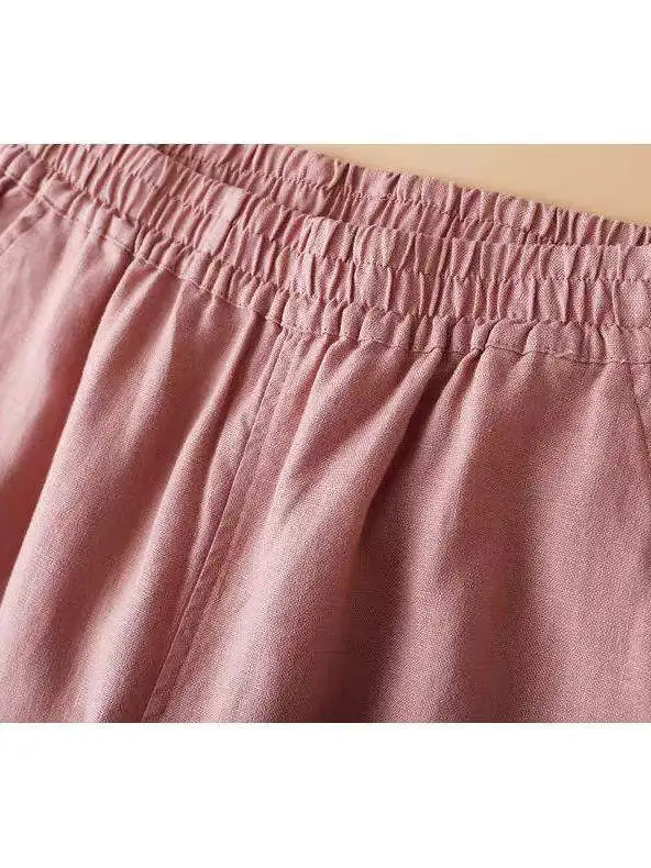 면 린넨 하라주쿠 바지 여성 여름 루즈핏 바지 7부 길이 허리 심플 출퇴근 슬레 폴디드