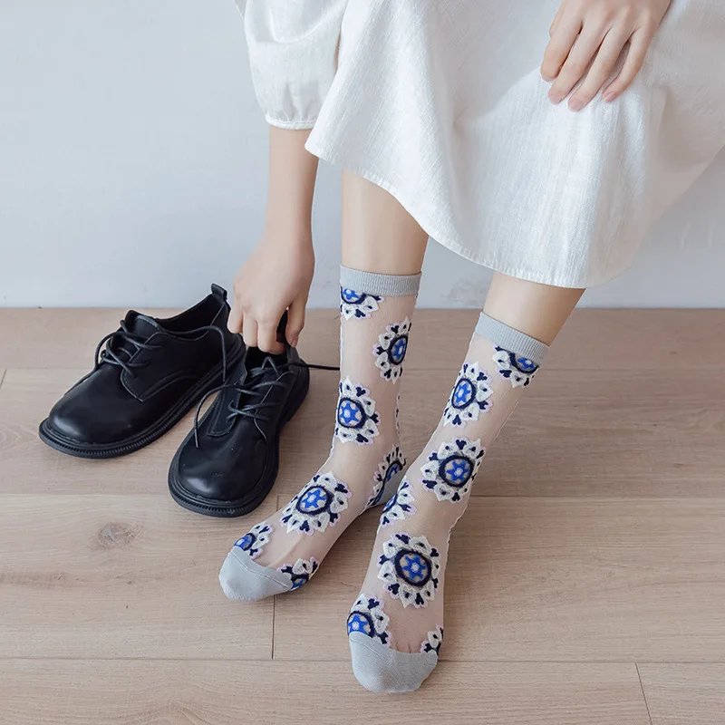 Glass Silk Socks Women Summer Ultra-thin Transparent Crystal Silk Socks Breathable Harajuku Retro Embroidery Elastic Long Socks