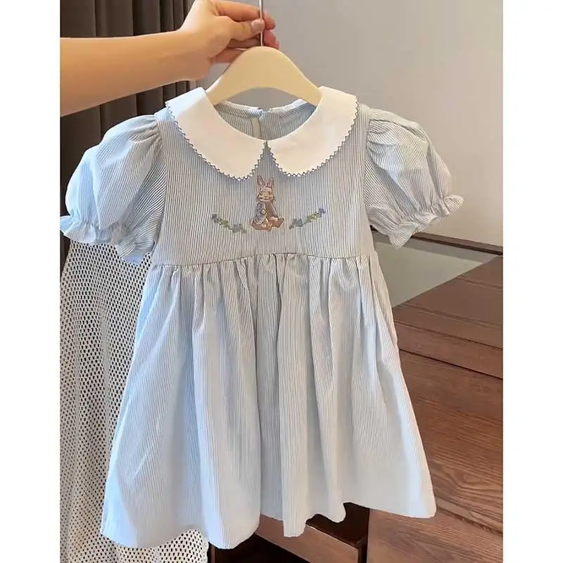 Baby Girls' Short sleeved Dress Summer Dress New Children's Bubble Sleeve Fashion Striped Rabbit Dress Embroidered