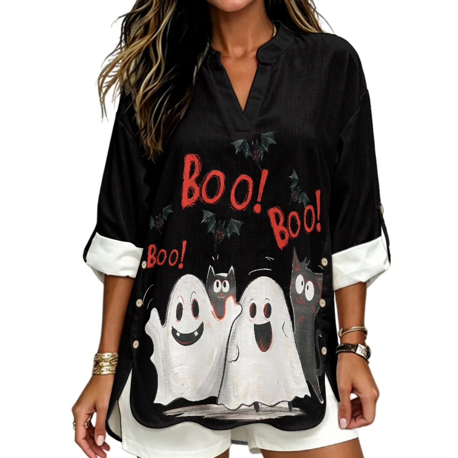 PENSTROLL Ghost Cat Linen-Like Loose Fit Blouses Roll up Long Sleeve Tops for Women Sizes S-5XL