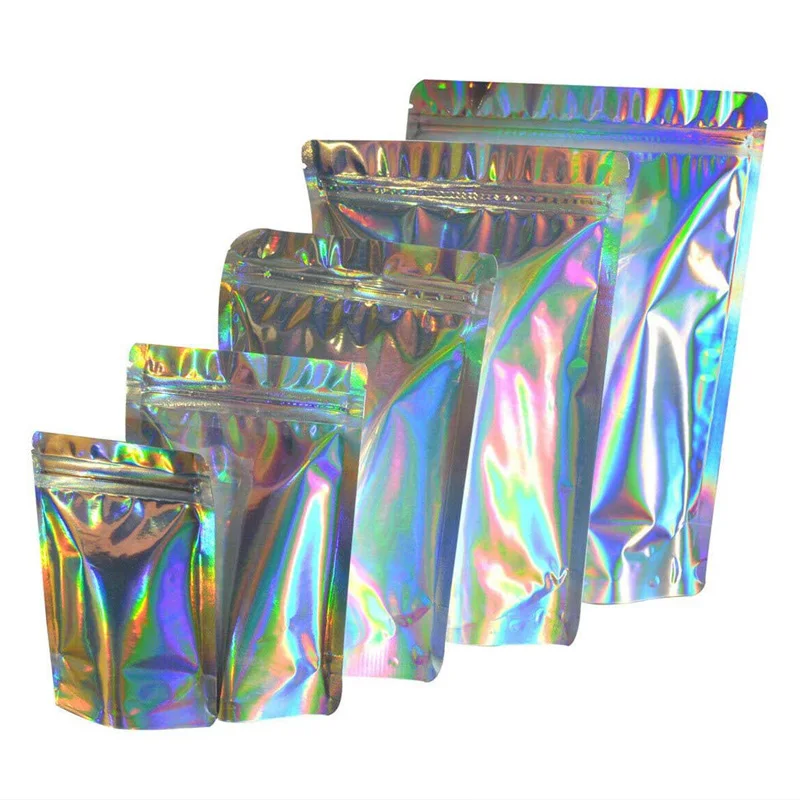 1000Pcs Silver Stand Up Holographic Reclosable ZipLock Bags Heat Sealable Aluminum Foil Plastic Mylar Coffee Retail Packing Bag