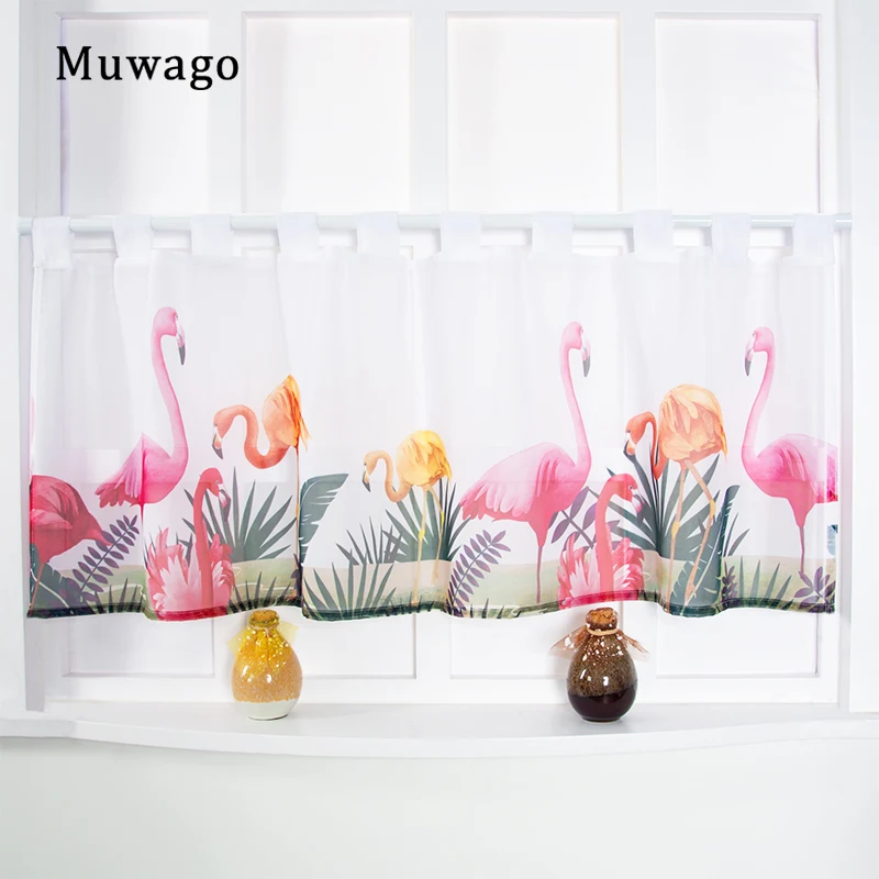 Muwago Flamingos Pattern Kitchen Curtains Modern Window Short Curtain Valance For Kitchen Cabinet Door Aesthetic Home Decoration