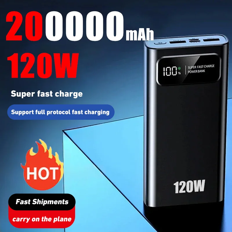 120W200000mAh Power Bank Super szybkie ładowanie baterii Cyfrowy wyświetlacz o dużej pojemności Power Bank dla iPhone Samsung Huawei Xiaomi