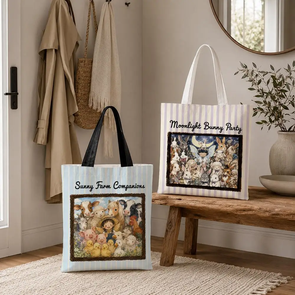 Fairy Animal Group Storage Bags Foldable Shopping Bag Canvas Aesthetic Canvas Reusable Fashion Shopping Bag