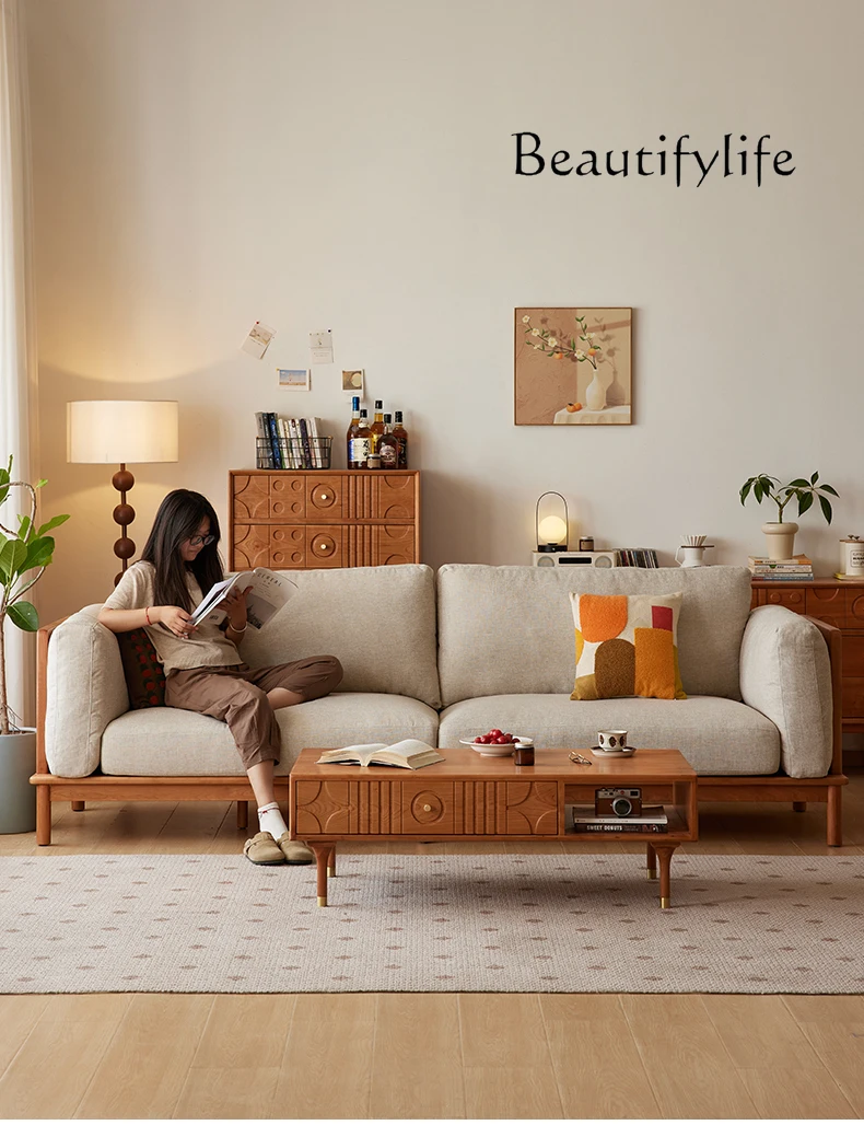 

North American cherry wood antique sofa household simple leisure straight row multi-person sofa