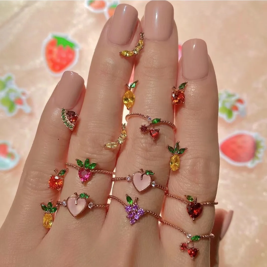 Ins Originality Small Zircon Fruits Ring For Women Female Peach Orange Pineapple Lemon Strawberry Cherry Sweet Ring Jewelry