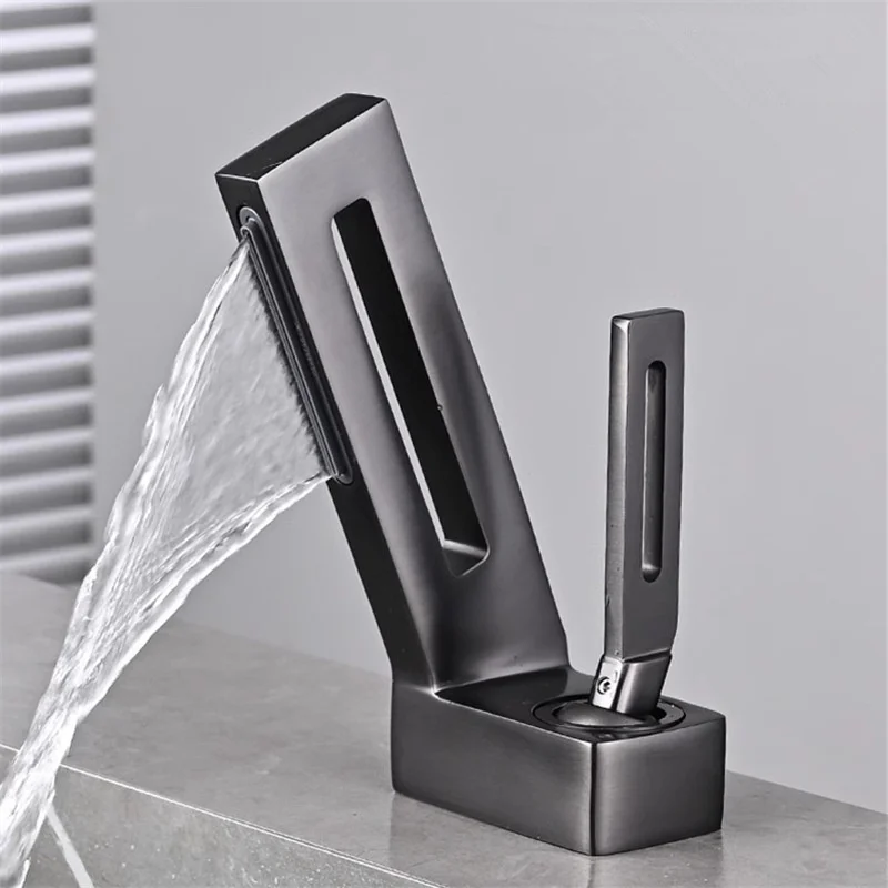 

Gun Grey Basin Faucet,Hot & Cold Brass Sink Mixer,Single Handle Waterfall Bathroom Tap,Deck Mounted,Unique Design,Brushed Gold