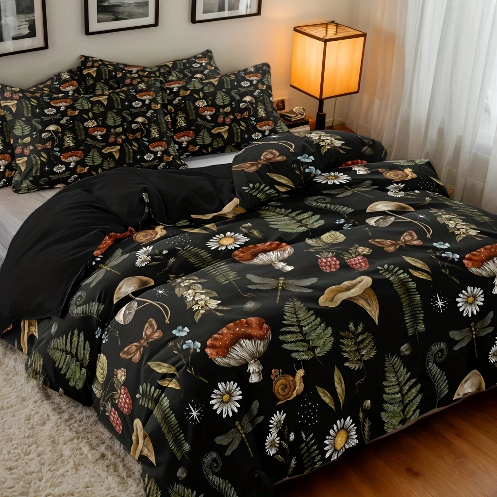 Cotton Forest Mushroom Pattern Printed Bedding And Duvet Cover Set For Bedrooms Guest Rooms Soft Comfortable Quilt Cover