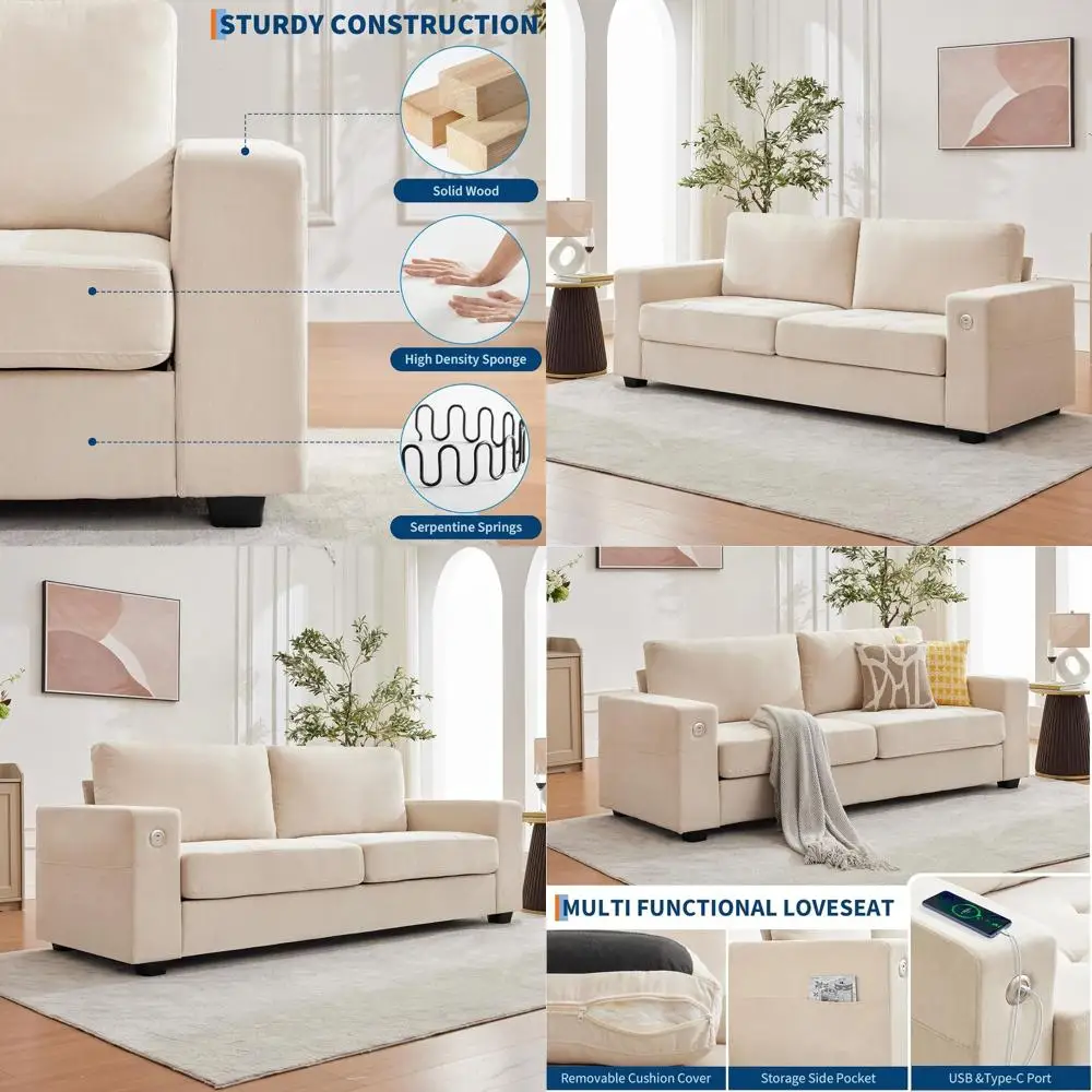 90 Chenille Fabric Loveseat Sofa with USB & Type-C Ports, Removable Covers, Side Pocket, Sturdy Wood Frame, Suitable for Living