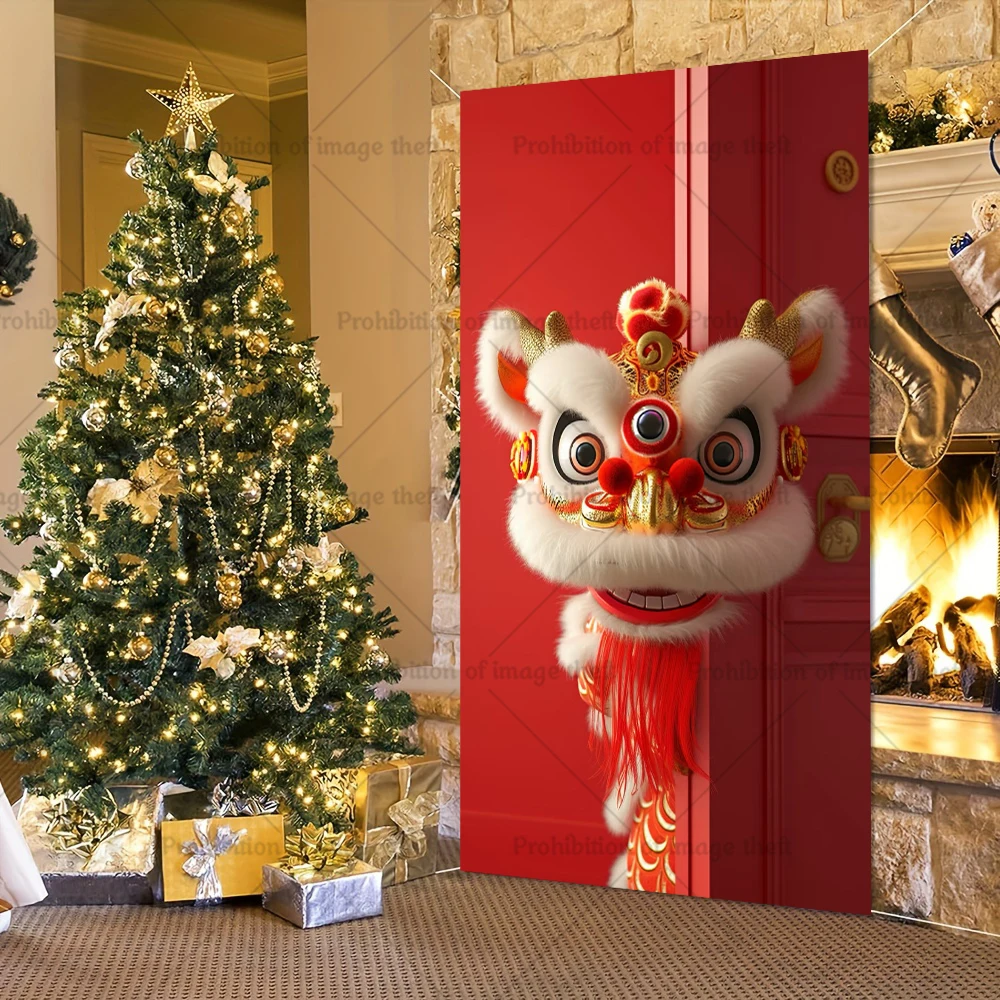Happy Chinese New Year Theme Photography Background Dragon Lion Dance Lantern Red Door Cover Party Decoration Banner Prop Gifts