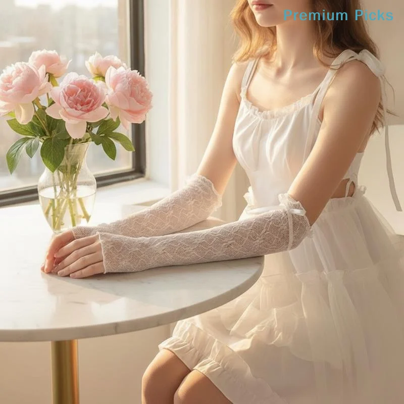 portableKawaii Lolita Lace Fingerless Gloves Y2K Ruffle Sheer Mesh Mitten for Women JK Outfit Cosplay Daily Use