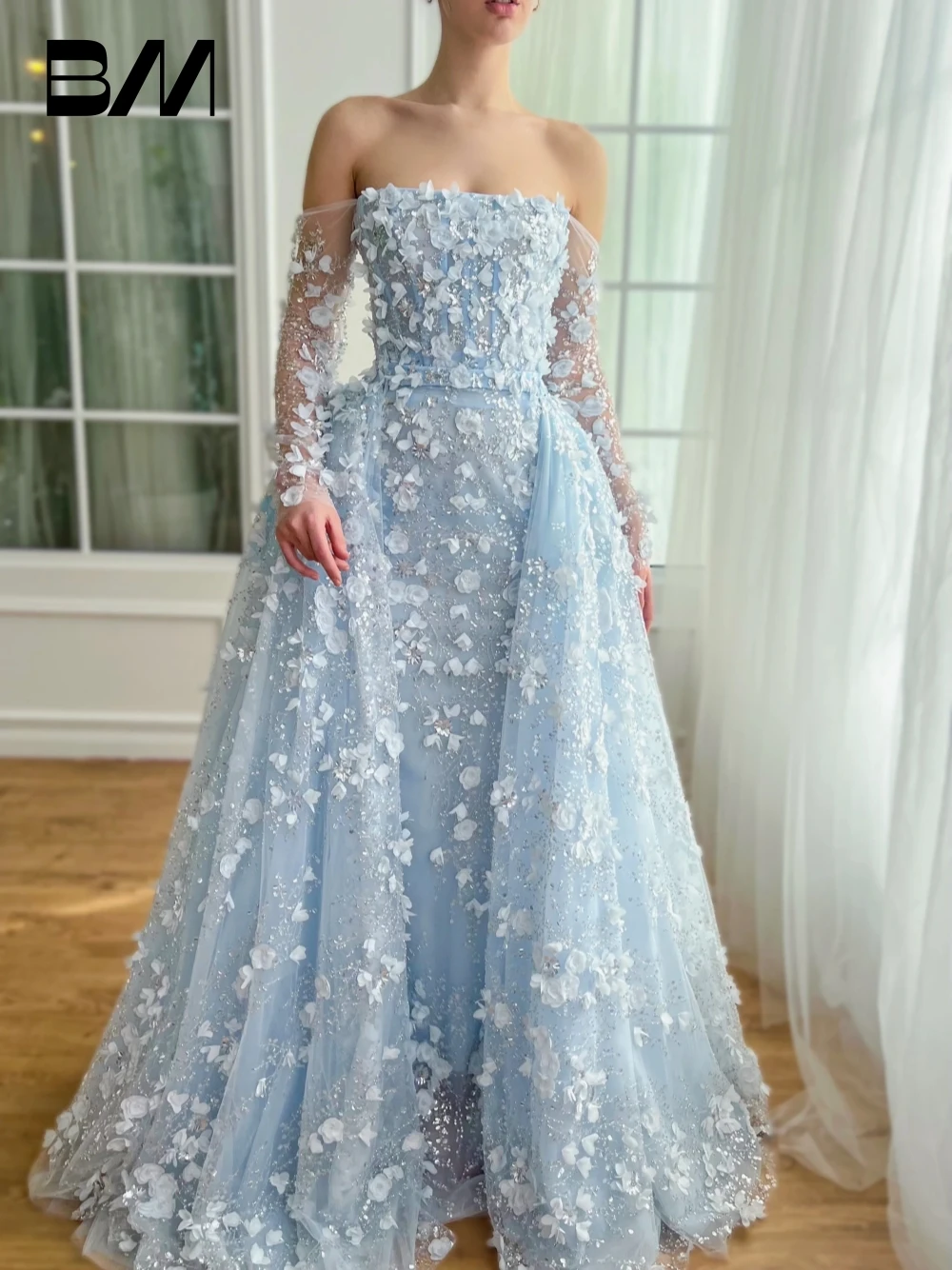 

Baby Blue A Line Evening Dress Shiny Appliques Prom Dress Sweet Women Cocktail Gown Off The Shoulder Customized Party Couture