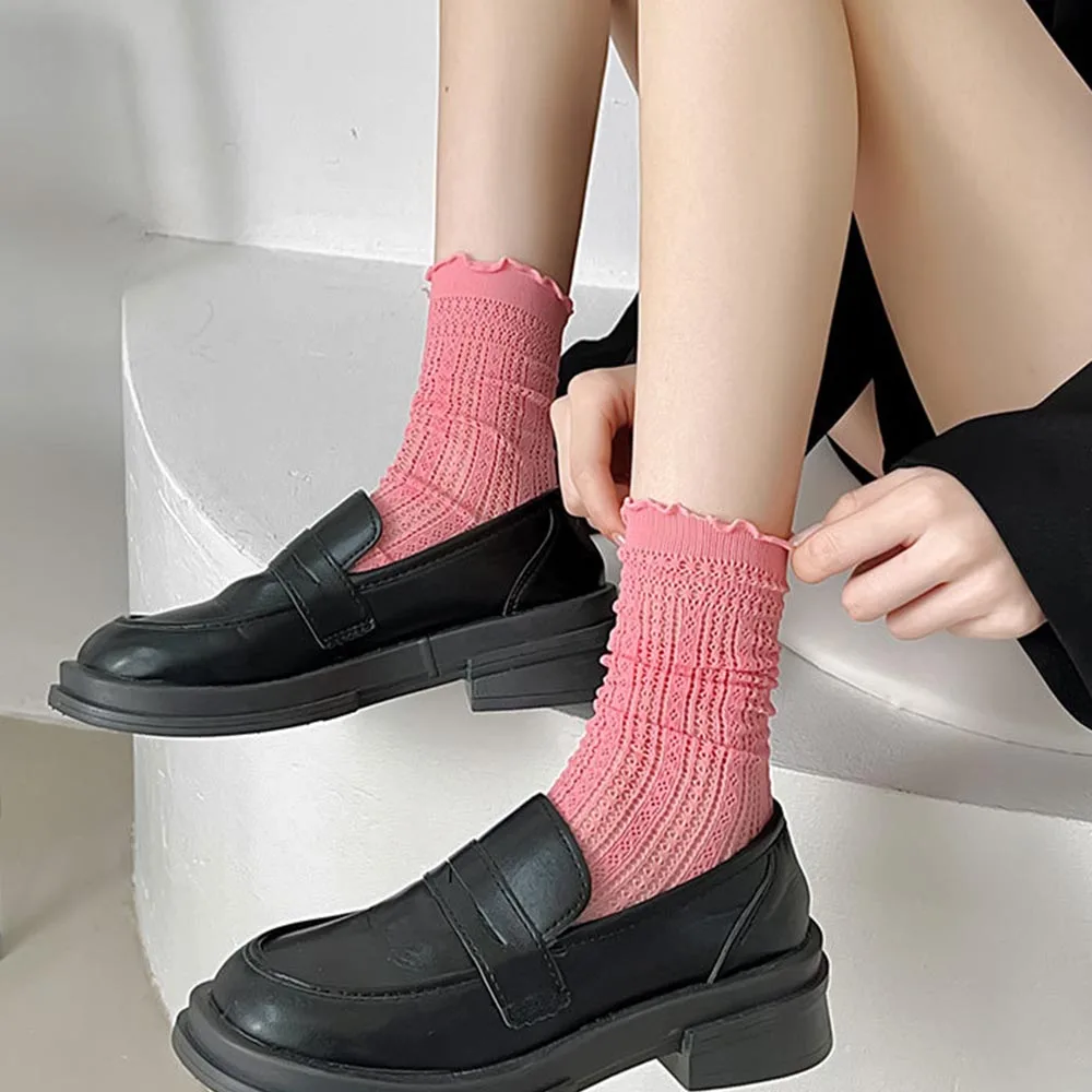 

Breathable Summer Socks for Women Thin Lace Loose Hollow Long Socks Sweat Absorbent Cotton Cute Frilly Ruffle Socks