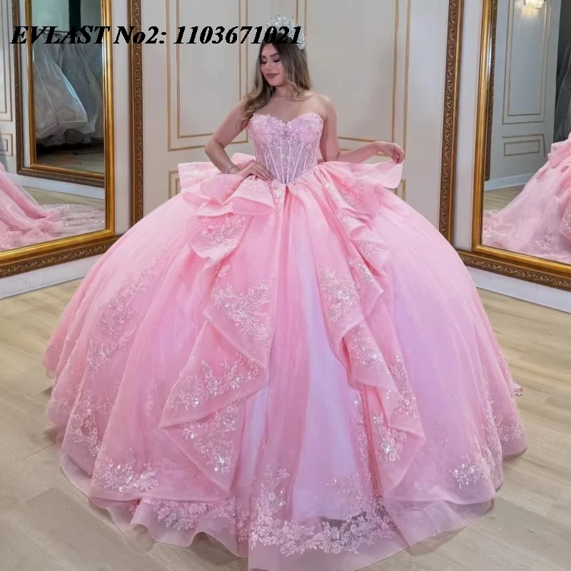

EVLAST блестящее розовое платье Quinceanera по индивидуальному заказу, бальное платье с цветочной аппликацией, многоуровневое, с бисером, Sweet 16, Vestidos De 15 Anos E2QA35
