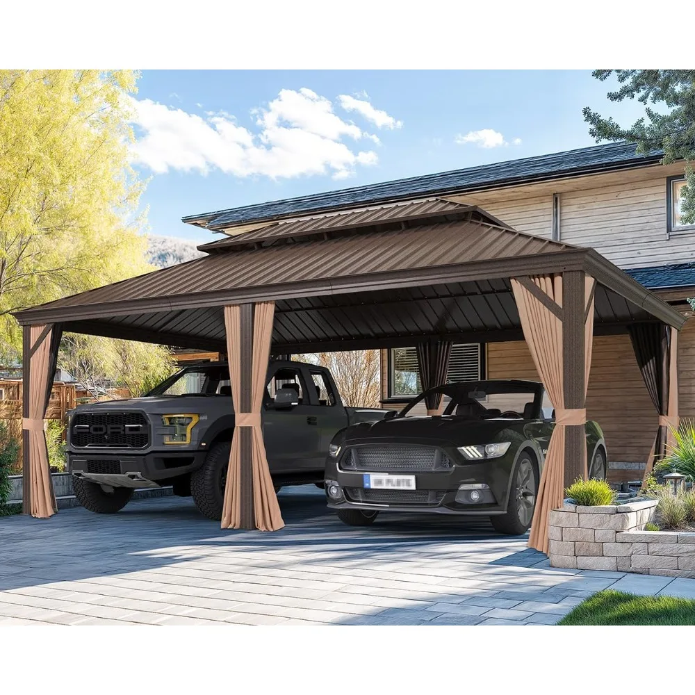 

14' X 20' Hardtop Gazebo Patio Wide Aluminum Frame Metal Double Roof with Heavy Duty Netting and Curtains for Permanent Hard Top