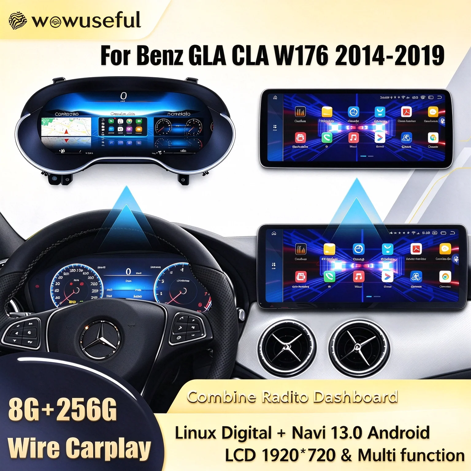 WOWUSEFUL 12,3 Zoll LCD Digitales Armaturenbrett für Mercedes Benz GLA CLA W176 Baujahre 2014-2019 Instrumententafel Cockpit Navigation