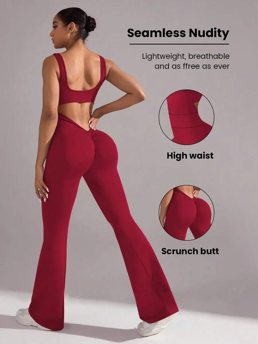

Seamless Yoga Jumpsuit With Open Back Flared Leggings Workout Set