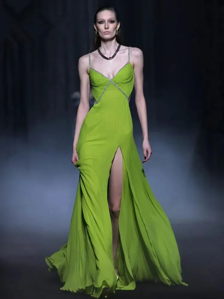 

Dress Party Evening Elegant Luxury Celebrity Women Green Spaghetti Strap V Neck Open Leg Maxi Long Birthday Fairy Dresses