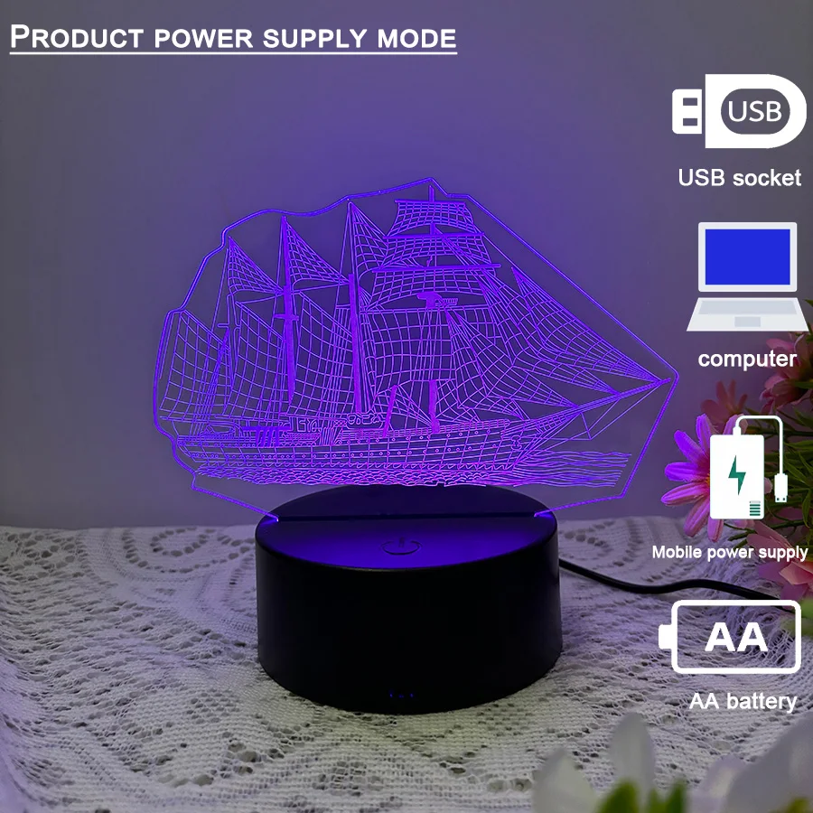 Segelboot/3D Nachtlicht, Smart Touch Farbpalette, sieben einstellbare Farben, Batterie/USB Dual Use, geeignet für Weihnachts geschenke/h