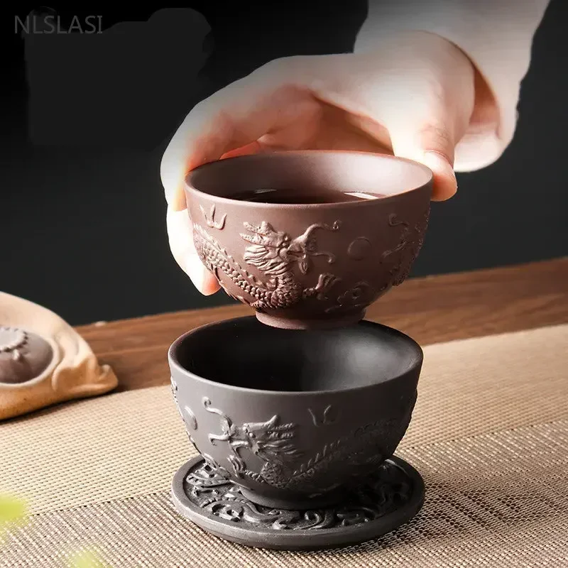 1pc Hand-carved Purple Clay Tea Cups Dragon Design Tea Bowl Portable Master Cup Personal Single Cup Traditional Tea Accessories