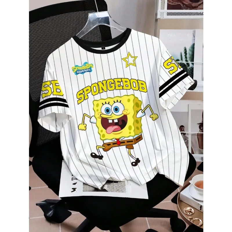 Popular Style Vertical Striped Cartoon Sponge Baby Short T Baseball Style Contrasting Ribbed Collar Loose Half Sleeved Top