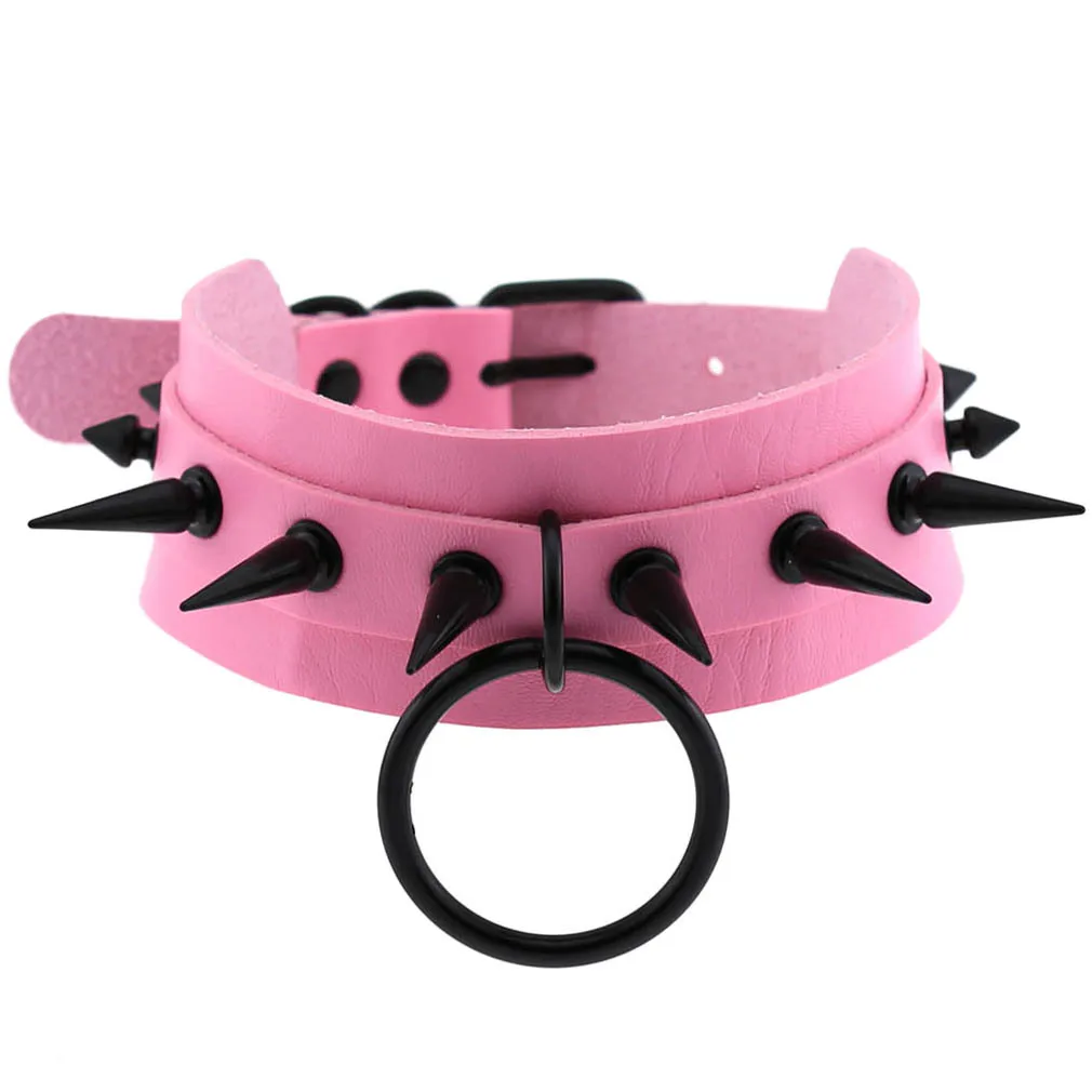 Punk Harajuku Personality Exaggeration Wild Ring Black rivets Multicolored leather Stainless steel Collar Clavicle chain