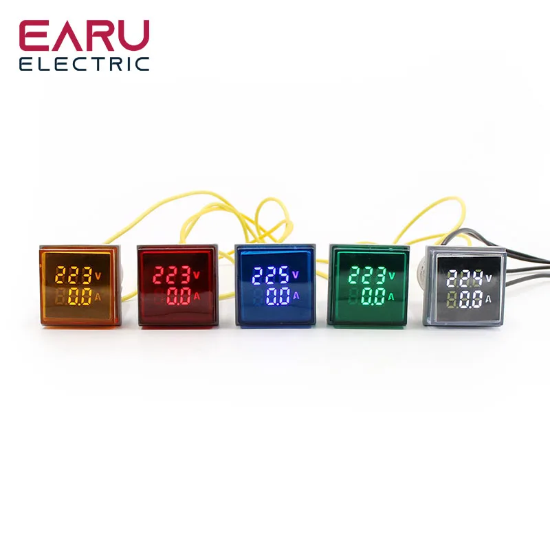 Mini Digital Voltmeter Ammeter 22mm Square AC 20-500V 0-100A Amp Volt Voltage Tester Meter Dual LED Indicator Pilot Lamp Light